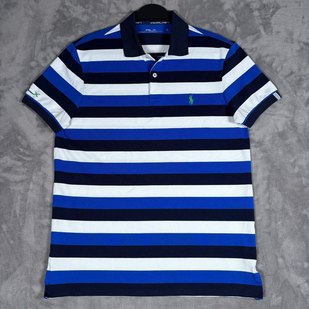 RLX Ralph Lauren Blue Striped Performance Polo Shirt Men’s Size Medium